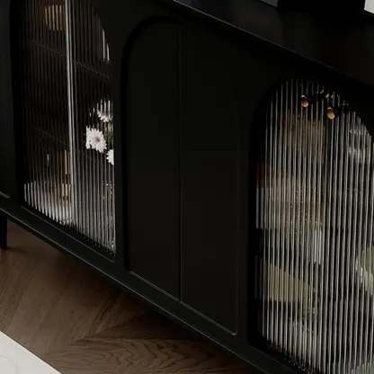 Narrow Glass Wooden White Black Sideboard Cabinet with Doors Image - 12