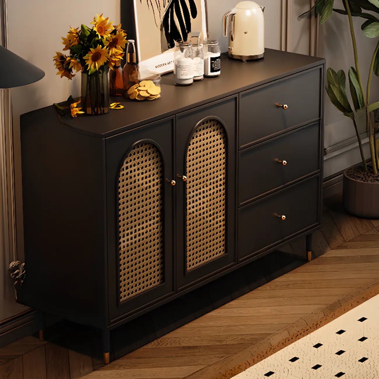 Traditional 3-Layer Rattan Wooden Black Sideboard Cabinet Image - 10 | homeyfad