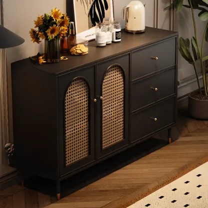 Traditional 3-Layer Rattan Wooden Black Sideboard Cabinet Image - 10