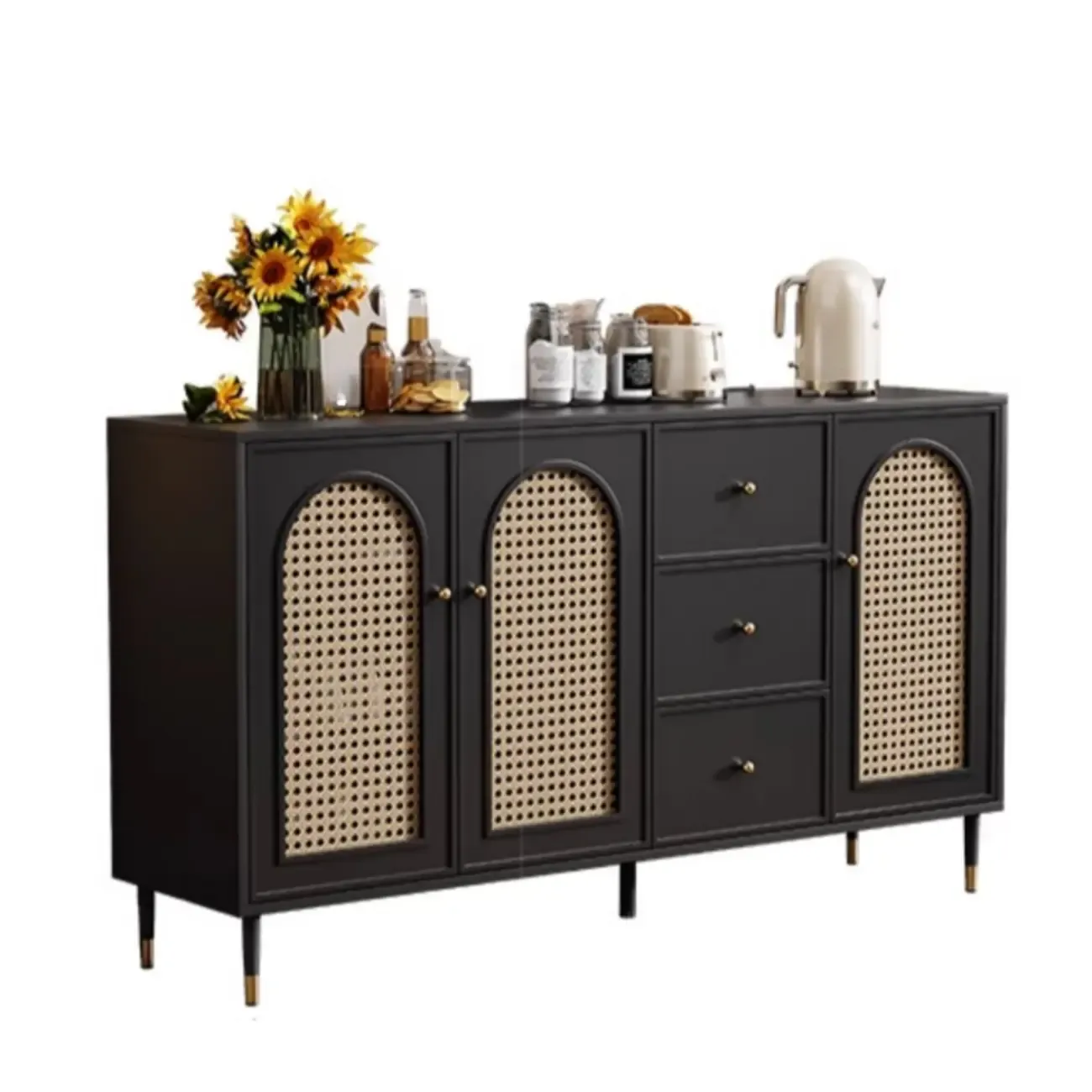 Traditional 3-Layer Rattan Wooden Black Sideboard Cabinet Image - 16