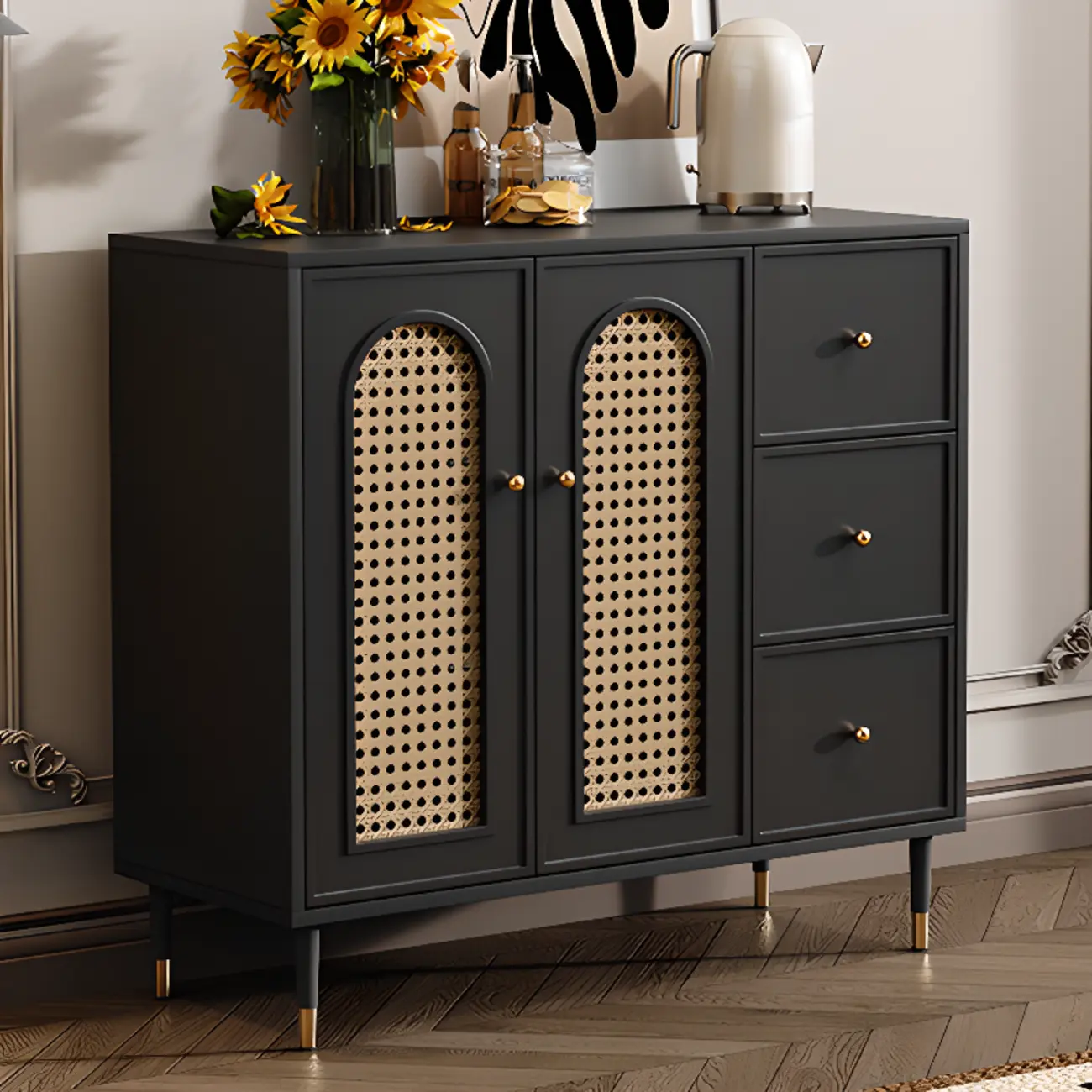 Traditional 3-Layer Rattan Wooden Black Sideboard Cabinet Image - 4 | homeyfad