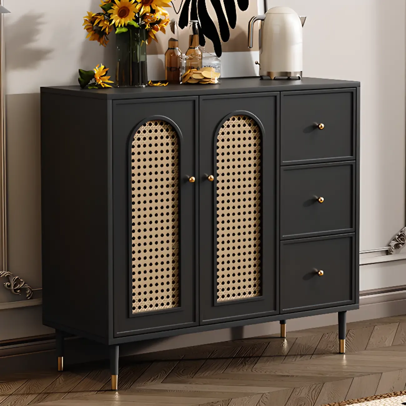 Traditional 3-Layer Rattan Wooden Black Sideboard Cabinet Image - 4