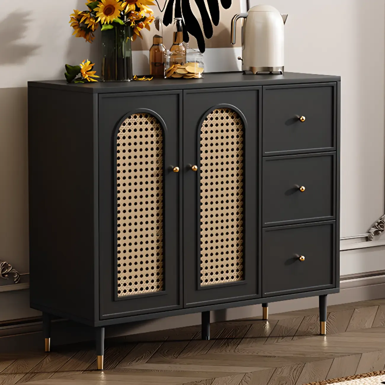 Traditional 3-Layer Rattan Wooden Black Sideboard Cabinet Image - 5
