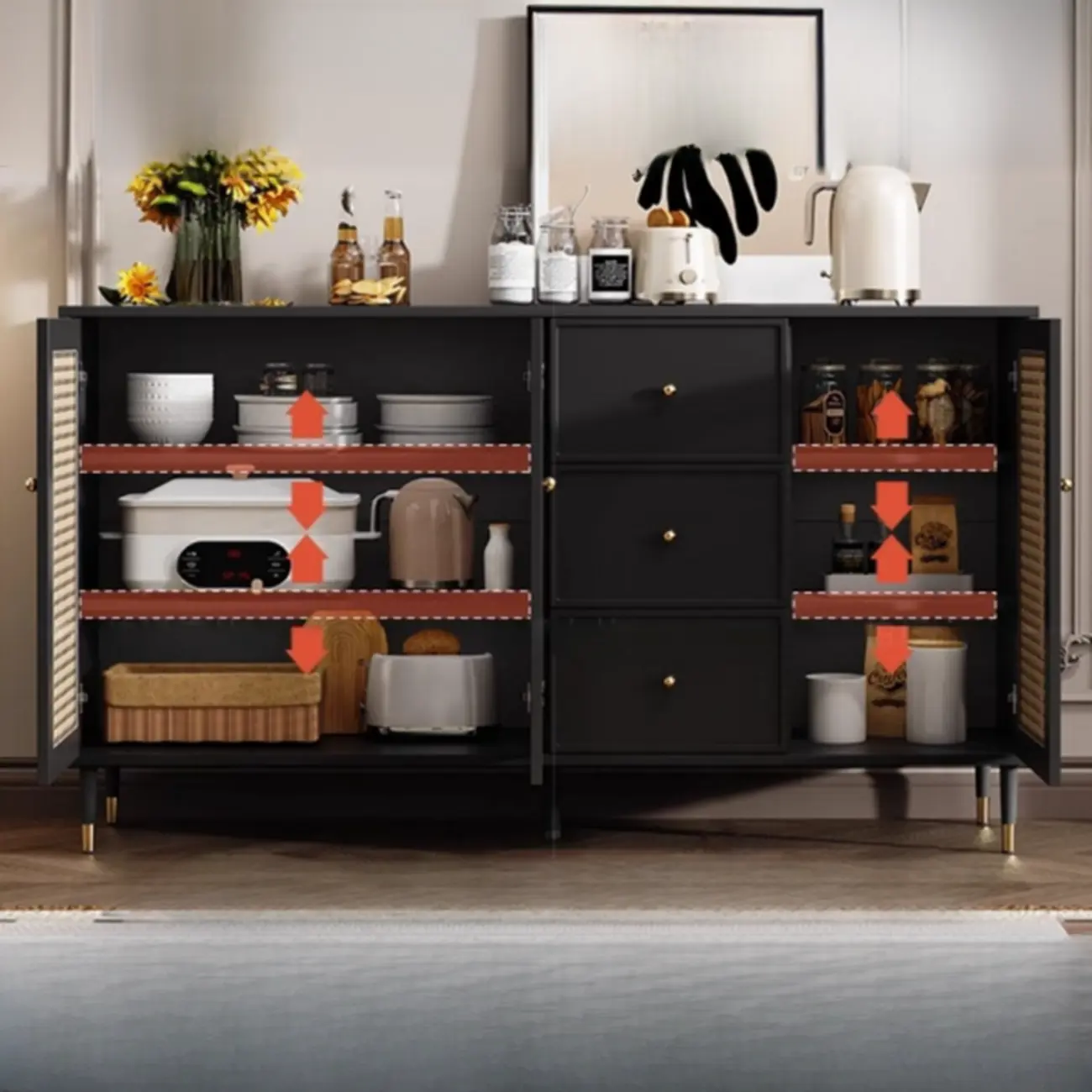 Traditional 3-Layer Rattan Wooden Black Sideboard Cabinet Image - 6 | homeyfad