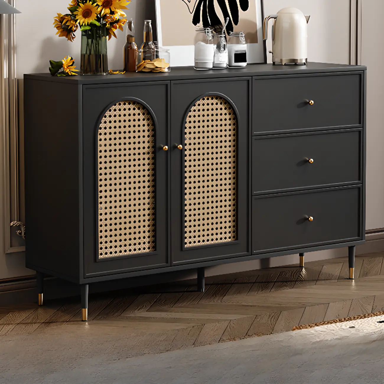 Traditional 3-Layer Rattan Wooden Black Sideboard Cabinet Image - 1 | homeyfad