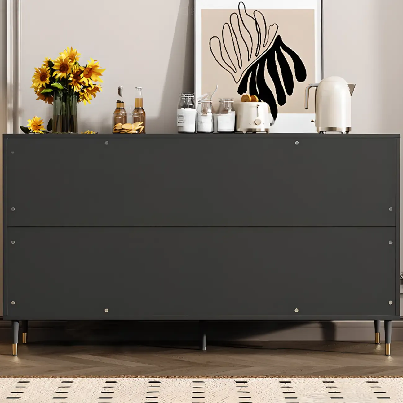 Traditional 3-Layer Rattan Wooden Black Sideboard Cabinet Image - 7