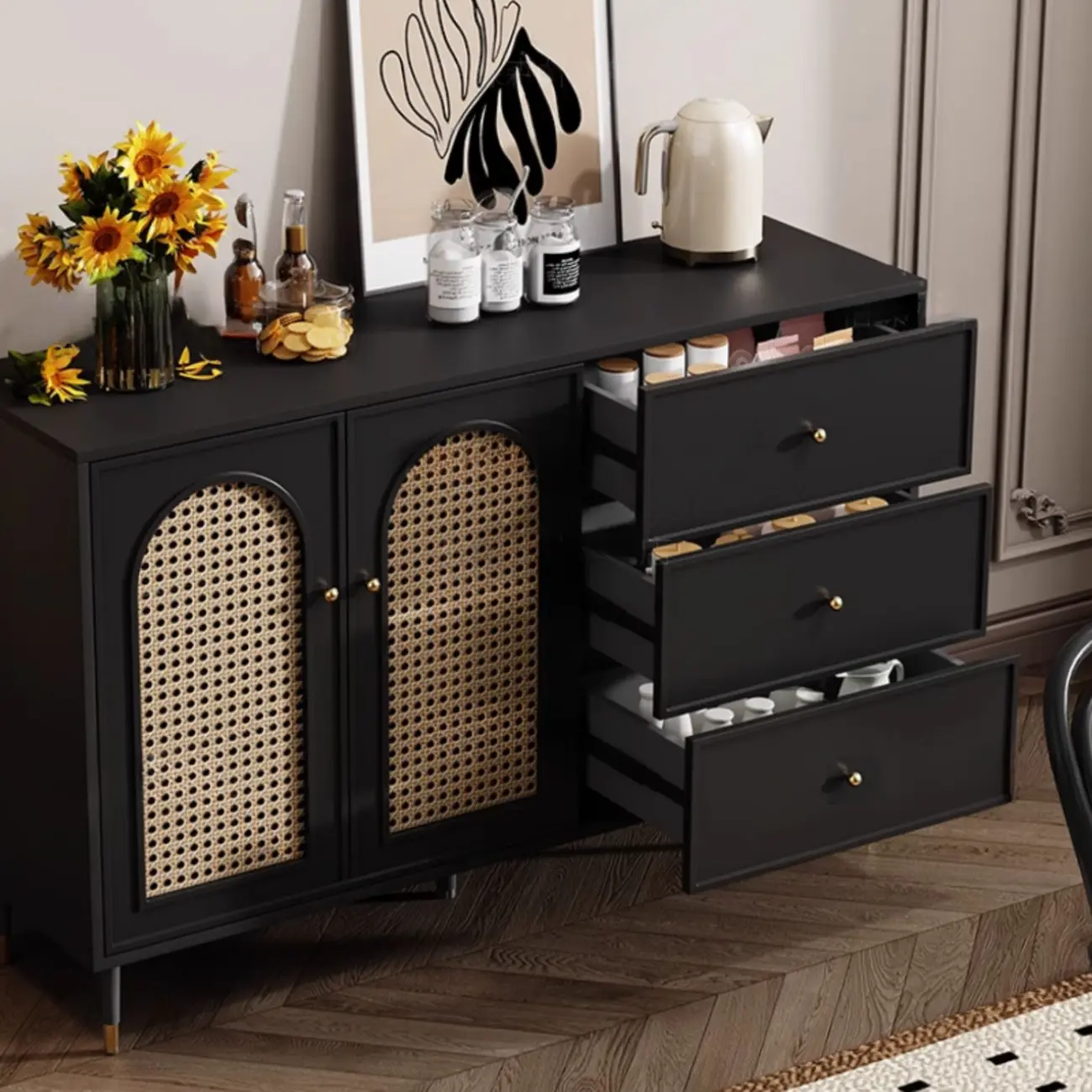 Traditional 3-Layer Rattan Wooden Black Sideboard Cabinet Image - 2 | homeyfad
