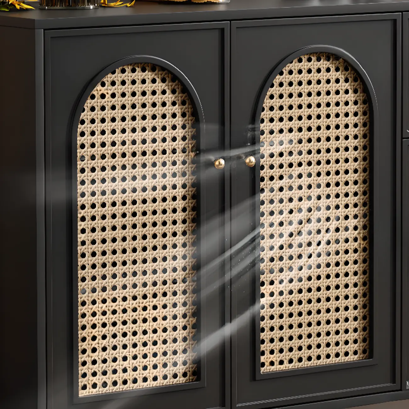 Traditional 3-Layer Rattan Wooden Black Sideboard Cabinet Image - 12 | homeyfad