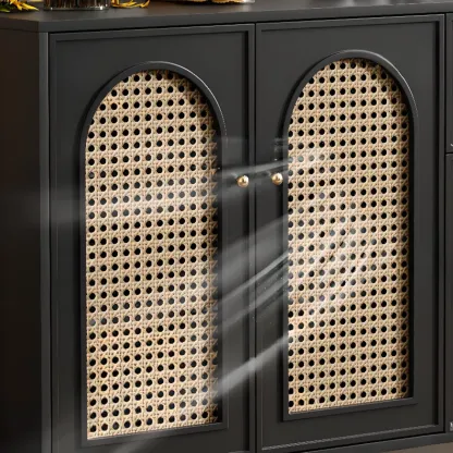 Traditional 3-Layer Rattan Wooden Black Sideboard Cabinet Image - 12
