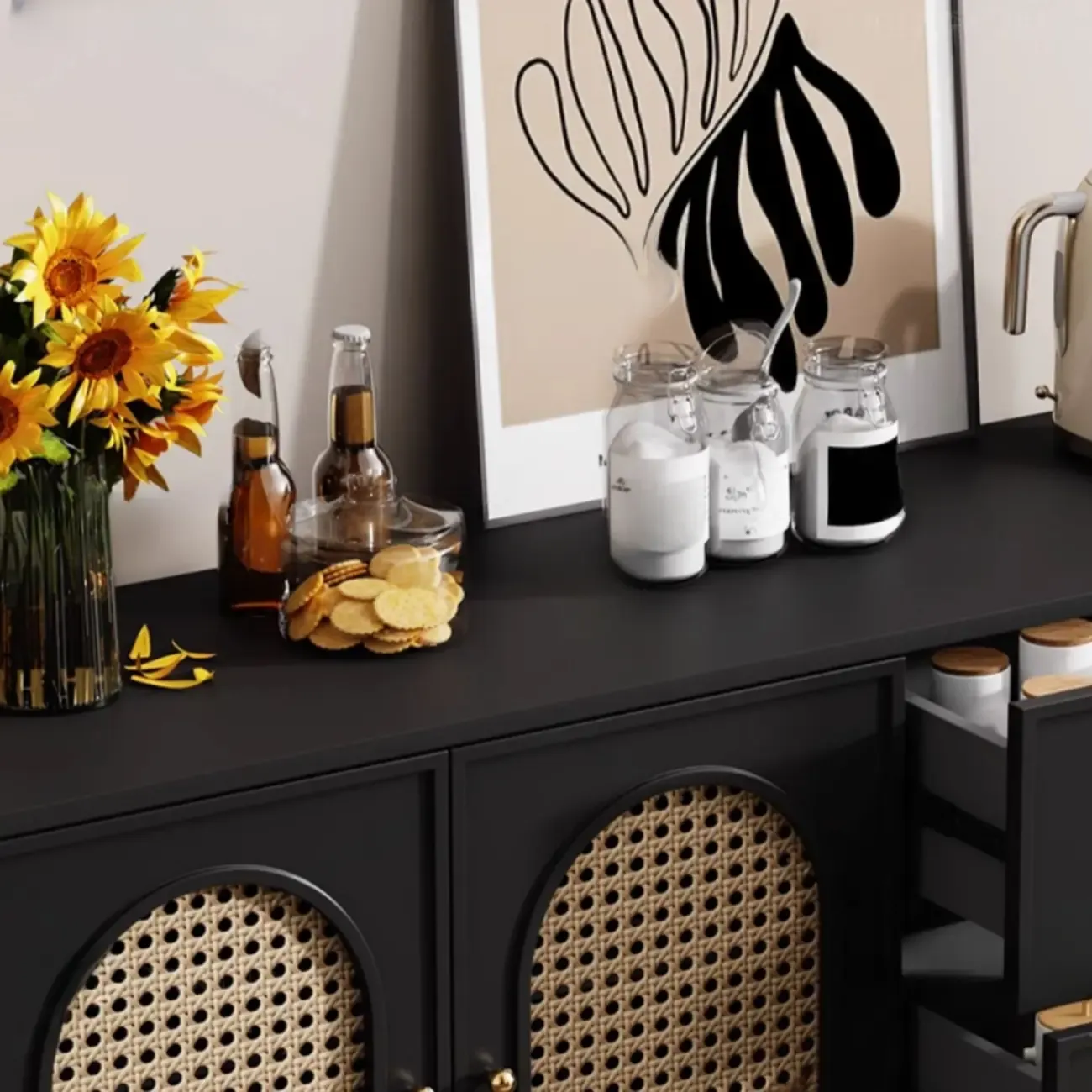 Traditional 3-Layer Rattan Wooden Black Sideboard Cabinet Image - 14