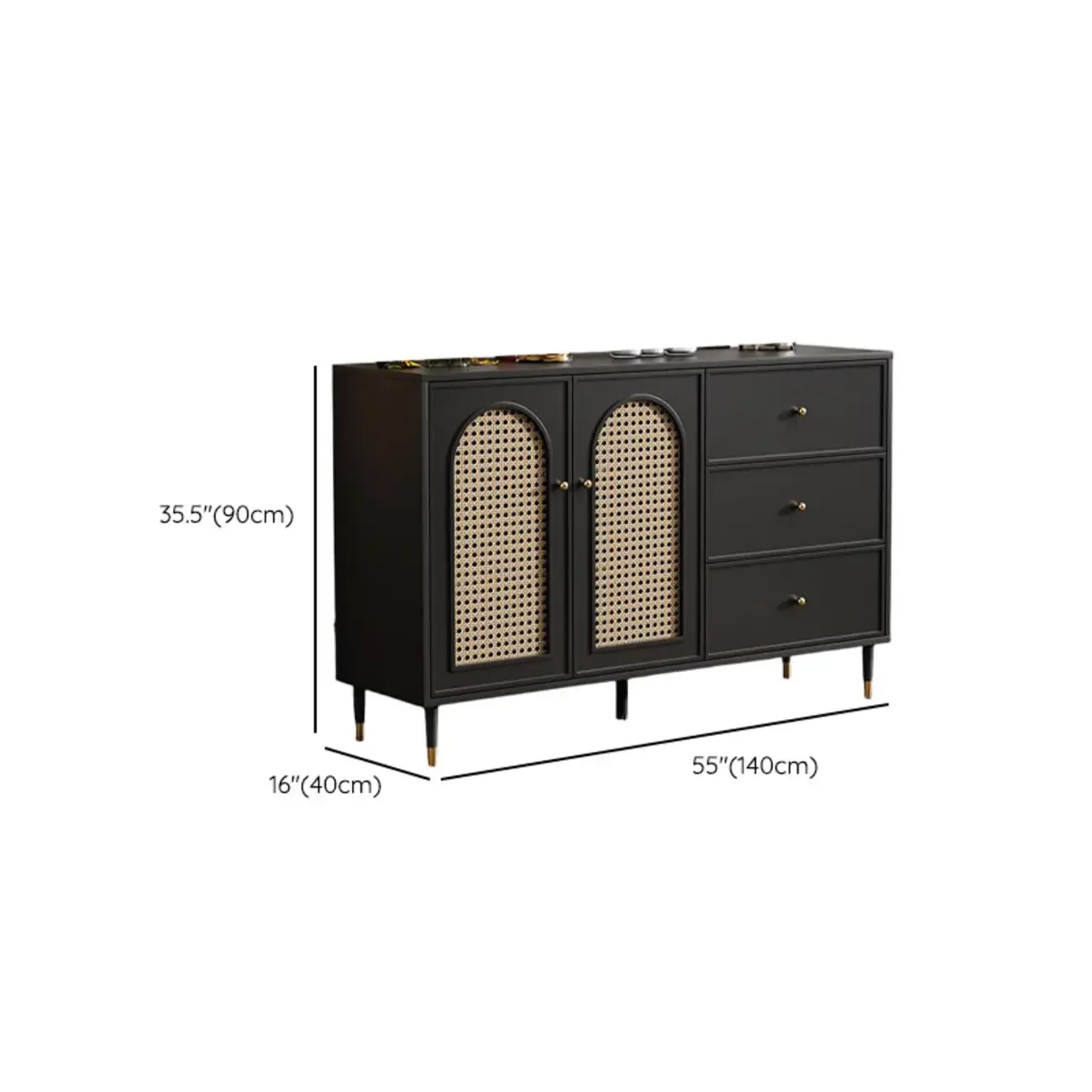 Traditional 3-Layer Rattan Wooden Black Sideboard Cabinet Image - 18
