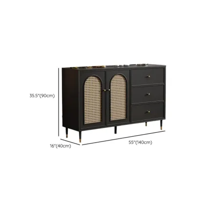 Traditional 3-Layer Rattan Wooden Black Sideboard Cabinet Image - 18