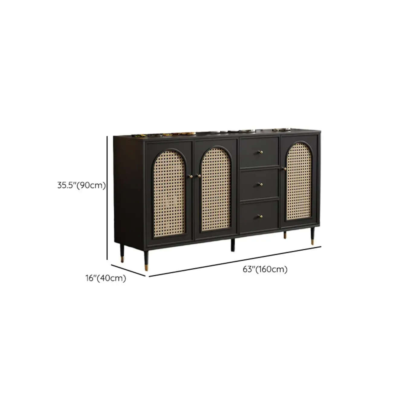 Traditional 3-Layer Rattan Wooden Black Sideboard Cabinet Image - 19