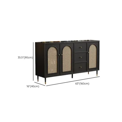 Traditional 3-Layer Rattan Wooden Black Sideboard Cabinet Image - 19