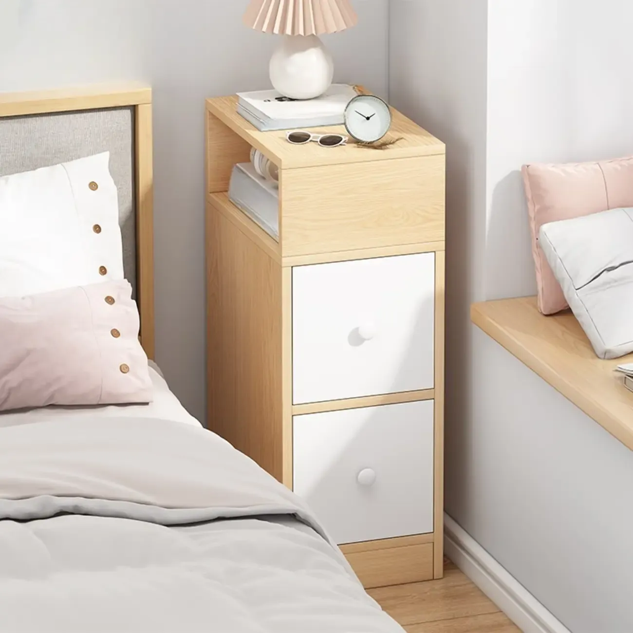 Modern Wood Finish Bedside Table with Storage Drawers Nightstand   Image - 6