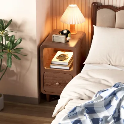 Modern Wooden Nightstands Open Shelf and Drawer Image - 2