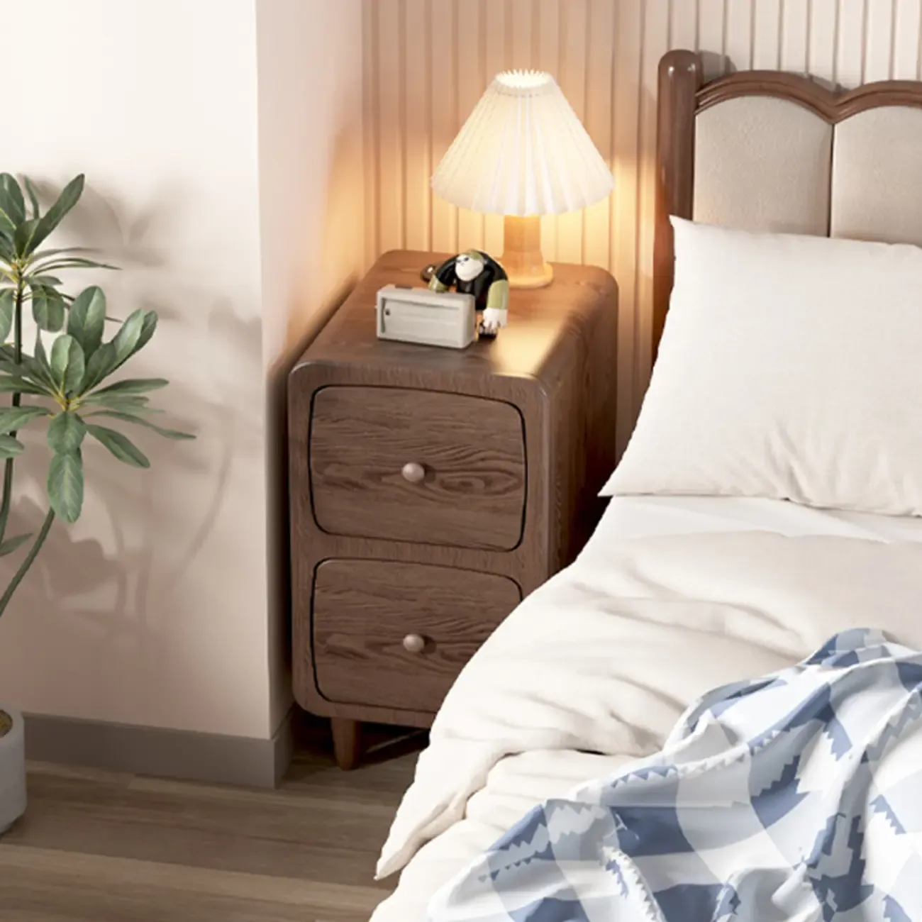 Modern Wooden Nightstands Open Shelf and Drawer Image - 4