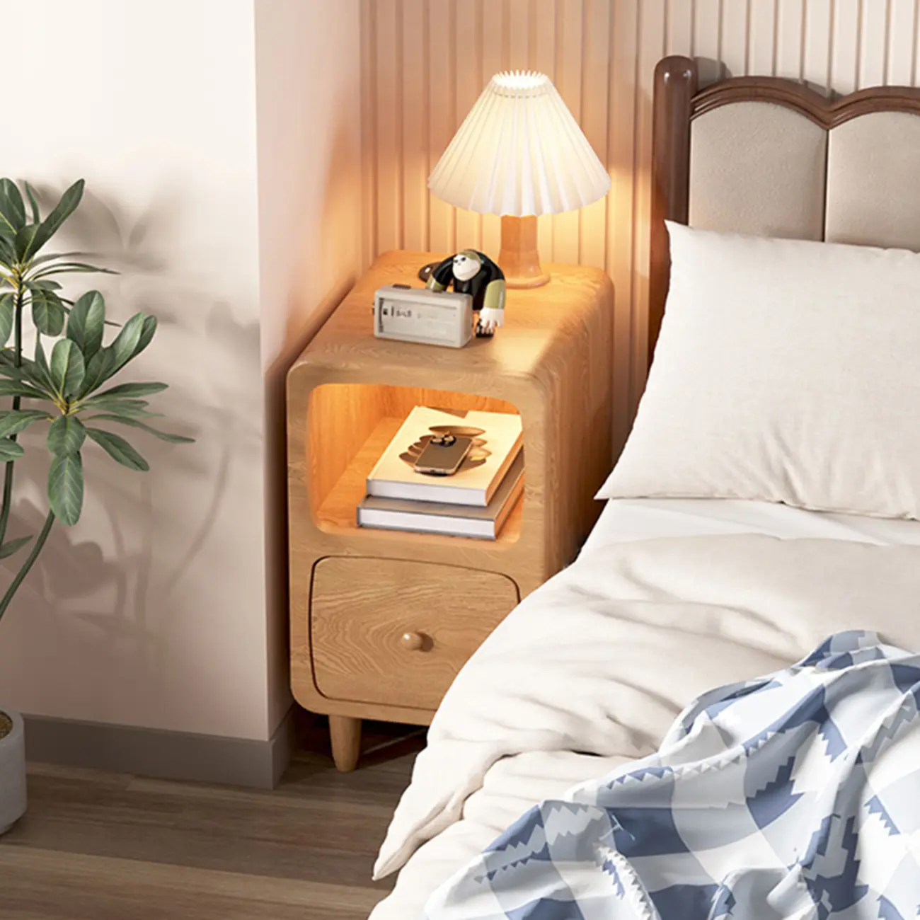 Modern Wooden Nightstands Open Shelf and Drawer Image - 3 | homeyfad