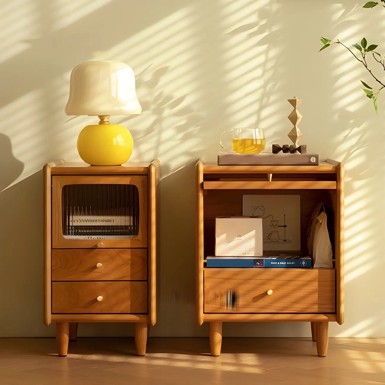 Nordic Brown Solid Wood Flip-up 2 Drawers Nightstand Image - 3 | homeyfad