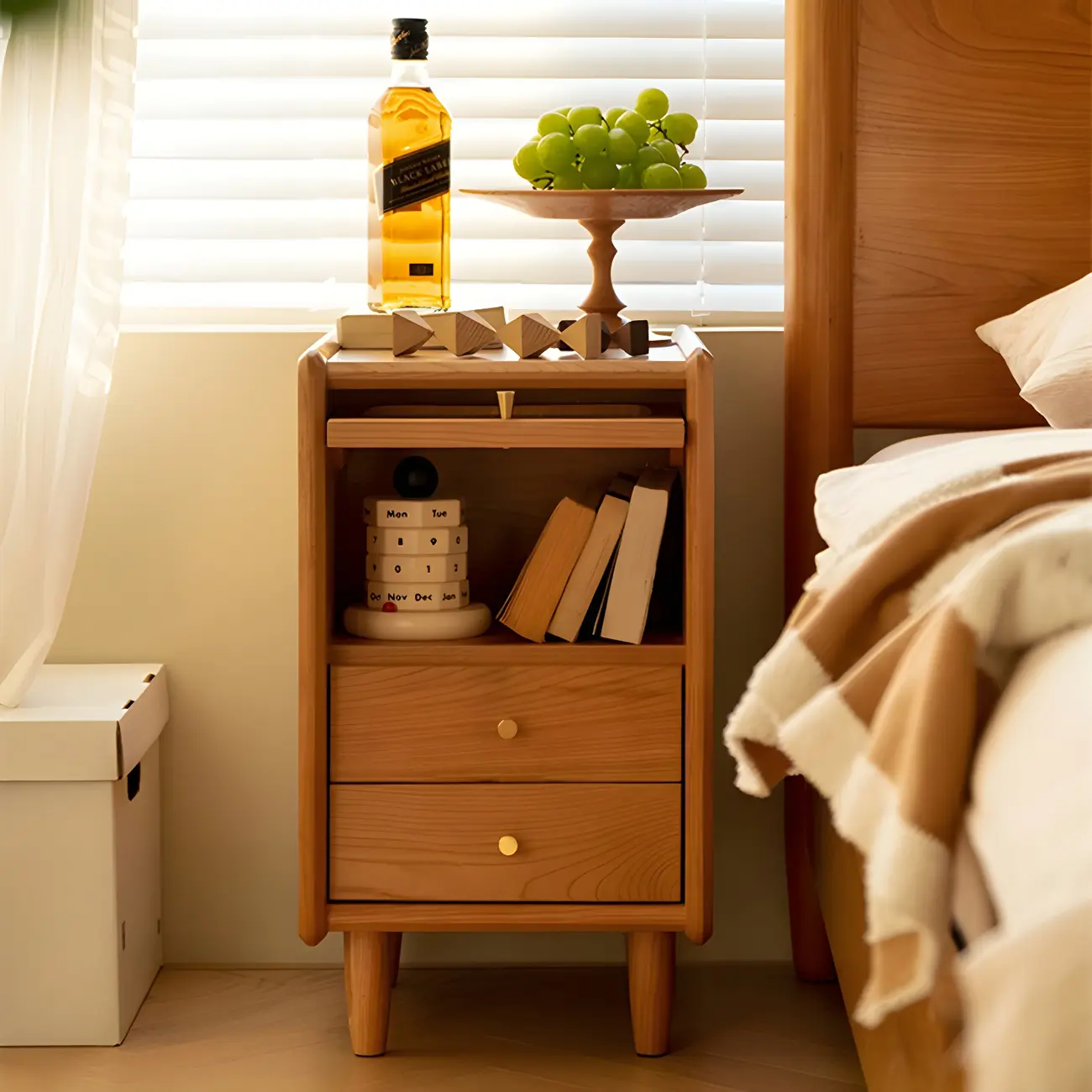 Nordic Brown Solid Wood Flip-up 2 Drawers Nightstand Image - 2 | homeyfad