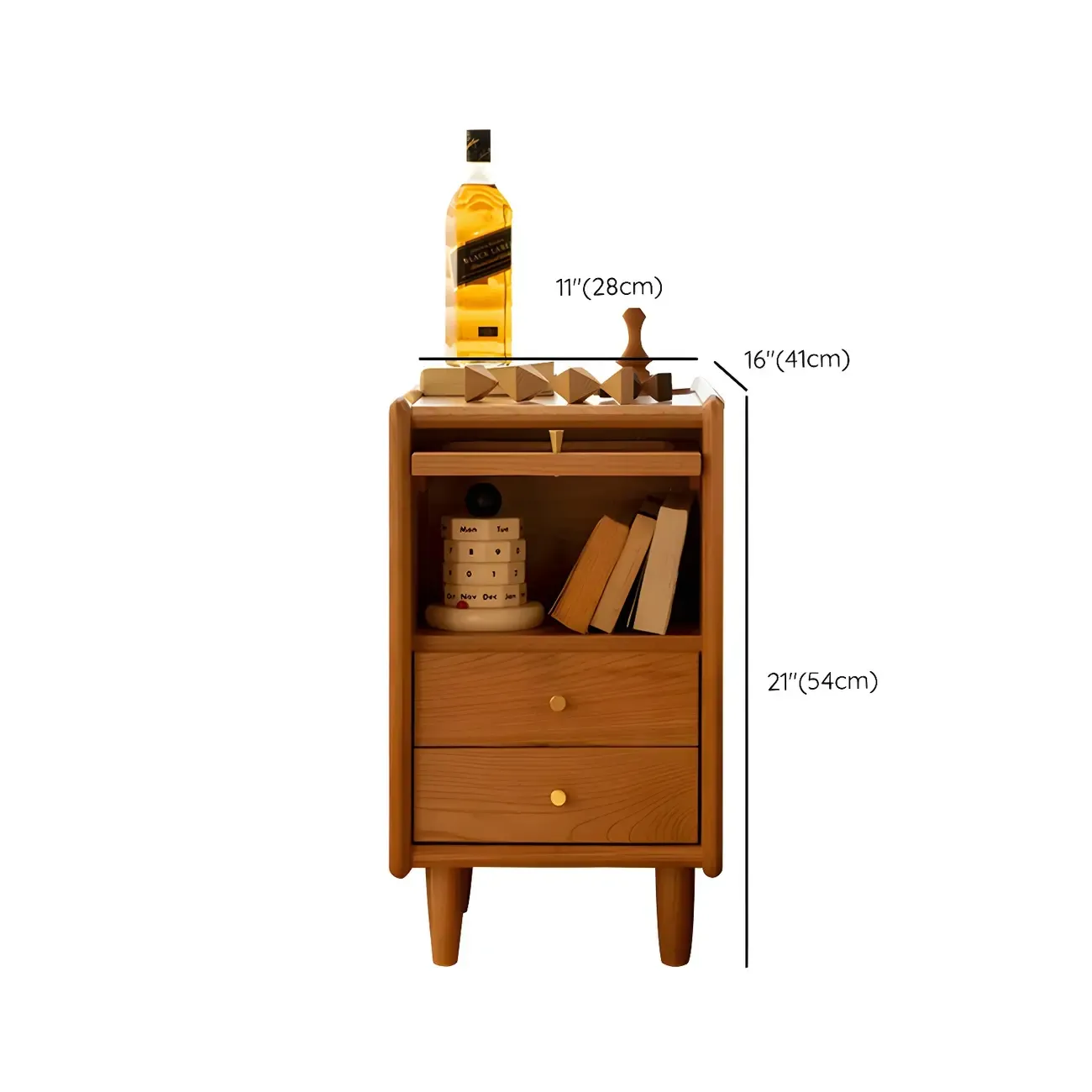 Nordic Brown Solid Wood Flip-up 2 Drawers Nightstand Image - 10