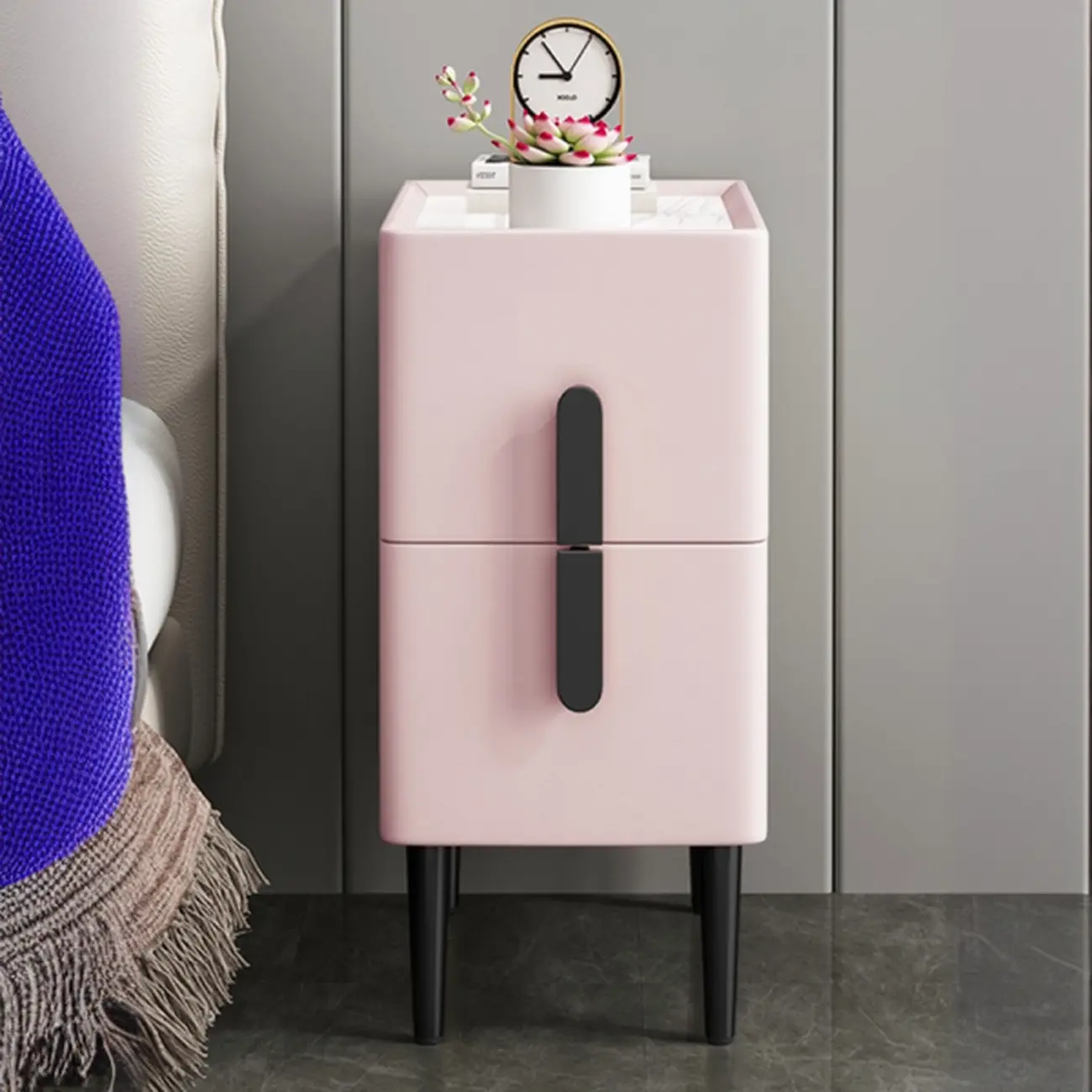 Slim Stone Top 2-Drawer Wood Nightstand with Metal Legs Image - 1 | homeyfad