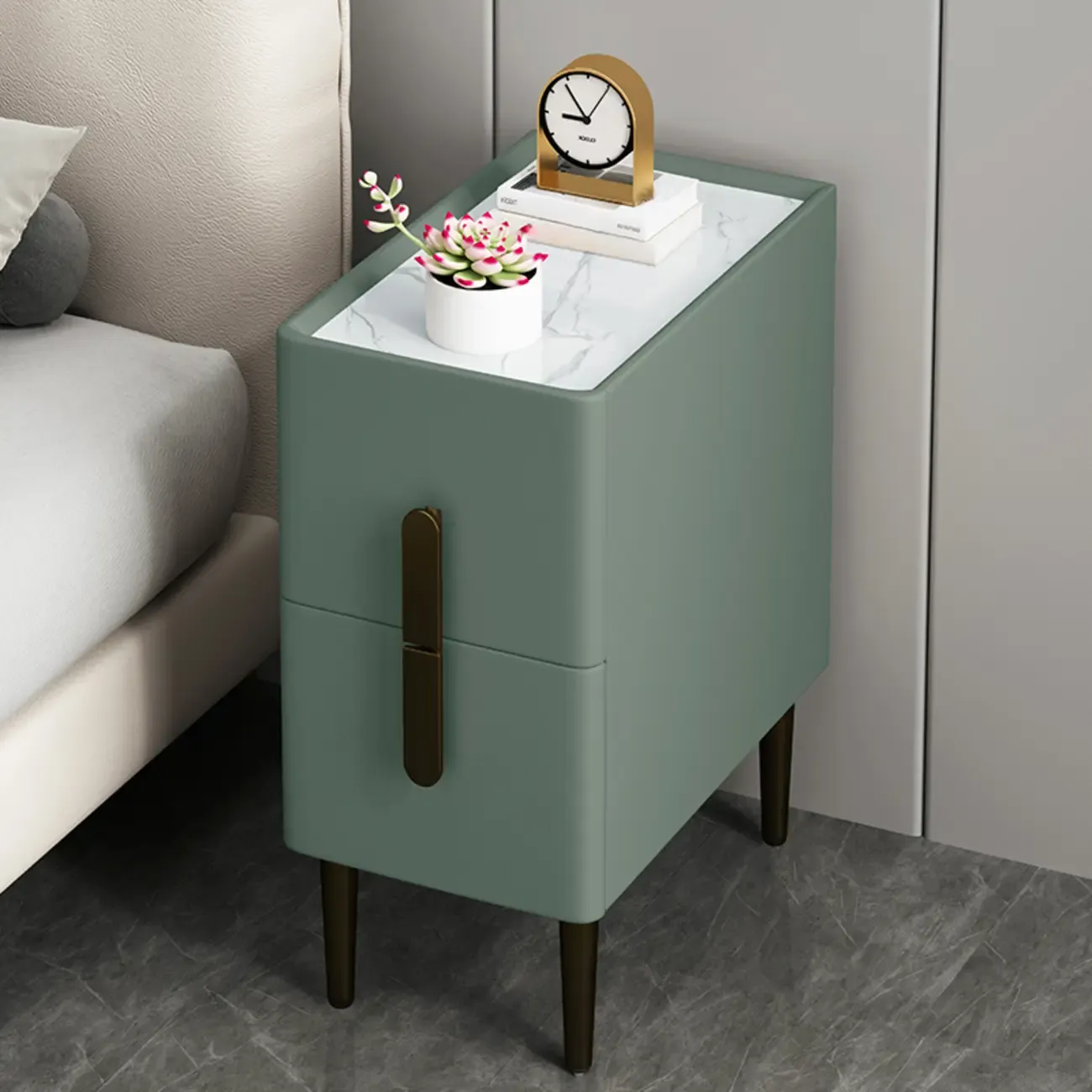 Slim Stone Top 2-Drawer Wood Nightstand with Metal Legs Image - 2