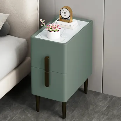 Slim Stone Top 2-Drawer Wood Nightstand with Metal Legs Image - 2
