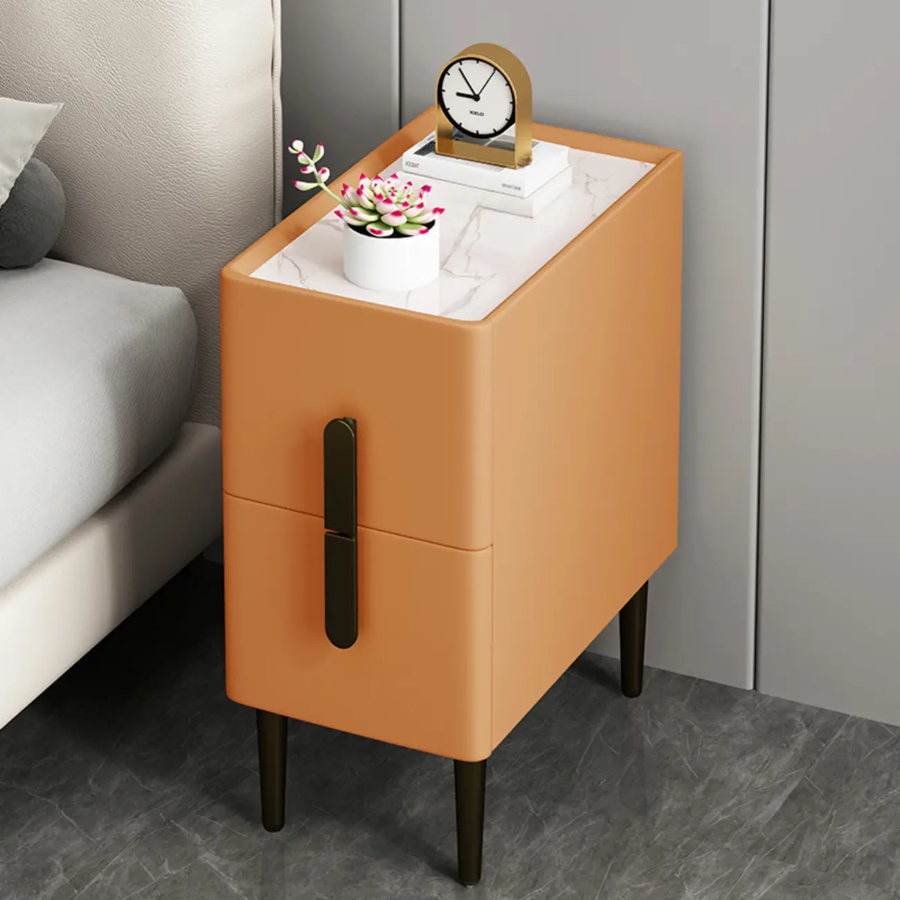 Slim Stone Top 2-Drawer Wood Nightstand with Metal Legs Image - 3 | homeyfad