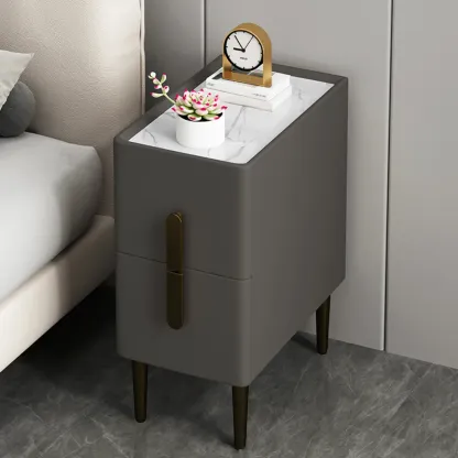 Slim Stone Top 2-Drawer Wood Nightstand with Metal Legs Image - 5