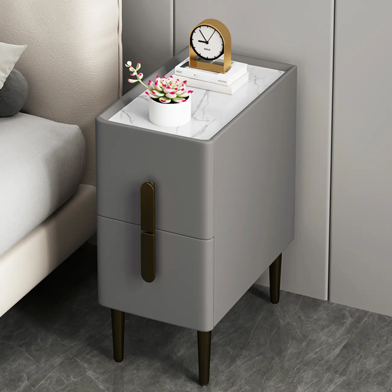 Slim Stone Top 2-Drawer Wood Nightstand with Metal Legs Image - 8 | homeyfad