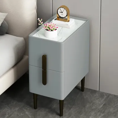 Slim Stone Top 2-Drawer Wood Nightstand with Metal Legs Image - 6