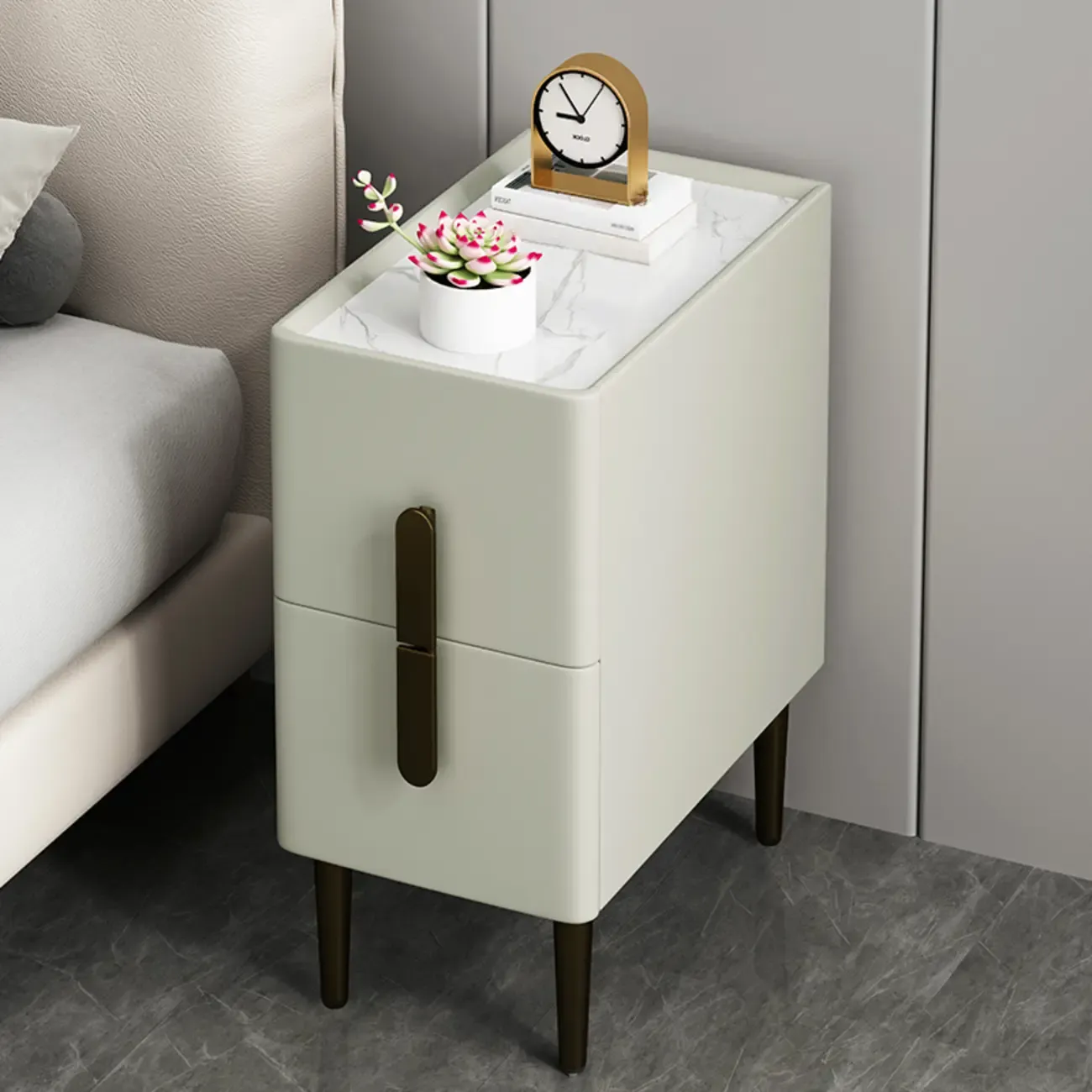 Slim Stone Top 2-Drawer Wood Nightstand with Metal Legs Image - 7