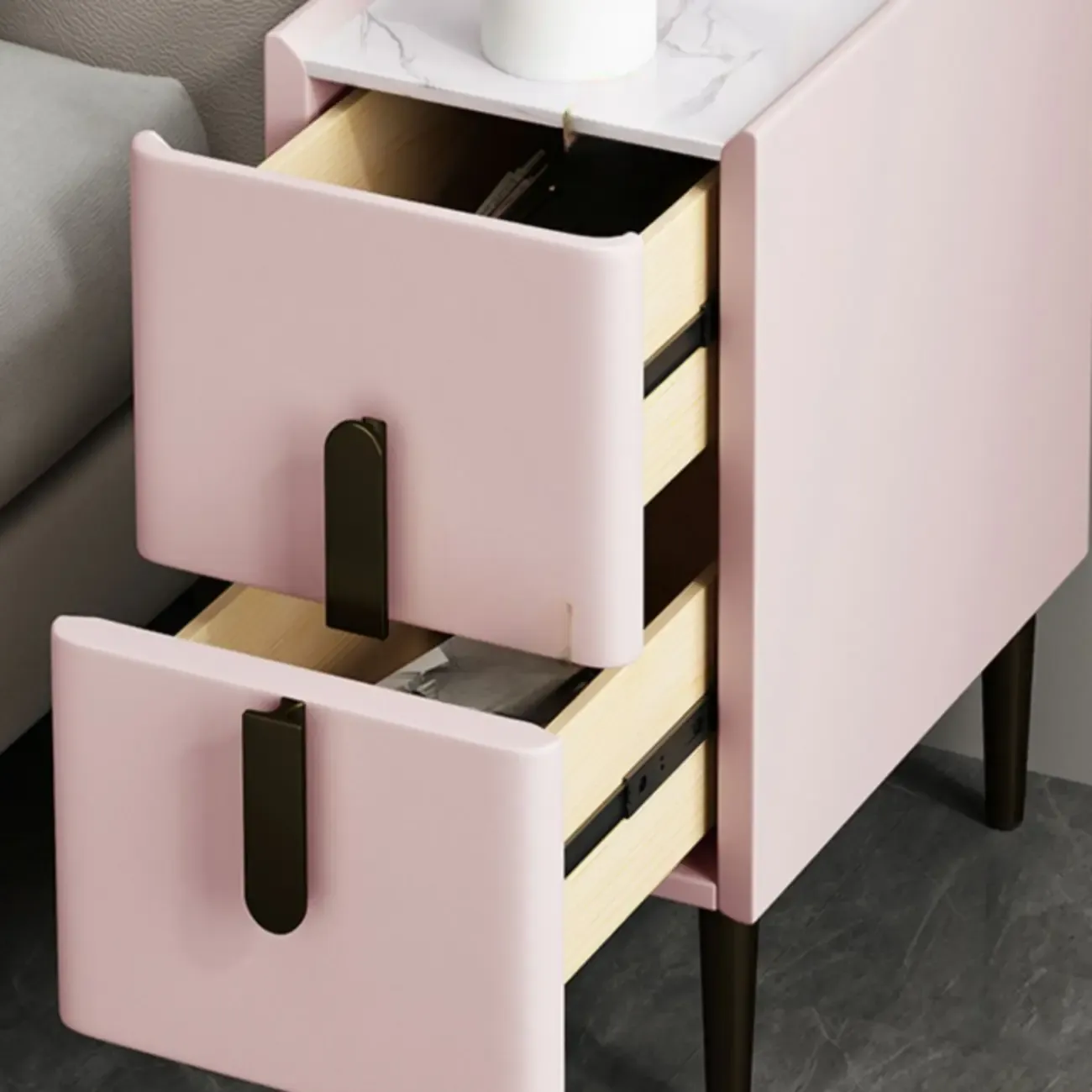 Slim Stone Top 2-Drawer Wood Nightstand with Metal Legs Image - 15