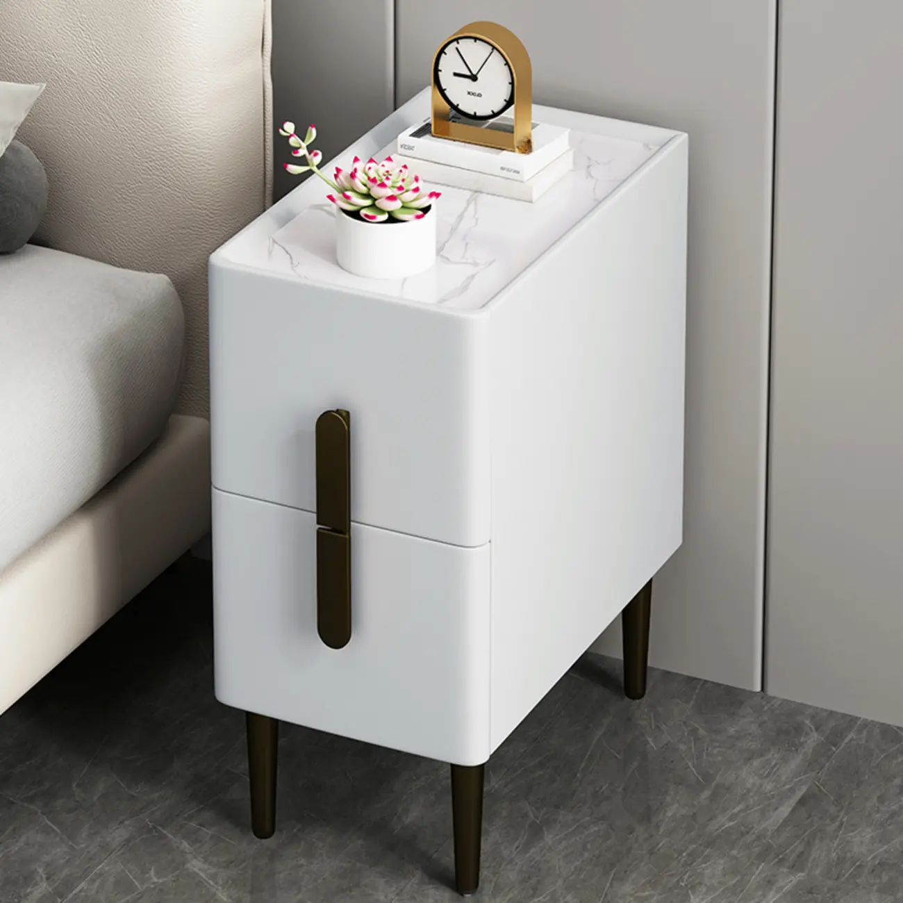Slim Stone Top 2-Drawer Wood Nightstand with Metal Legs Image - 10 | homeyfad