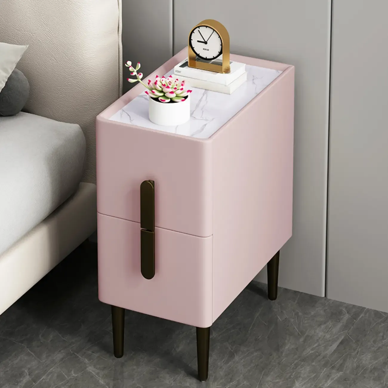 Slim Stone Top 2-Drawer Wood Nightstand with Metal Legs Image - 9