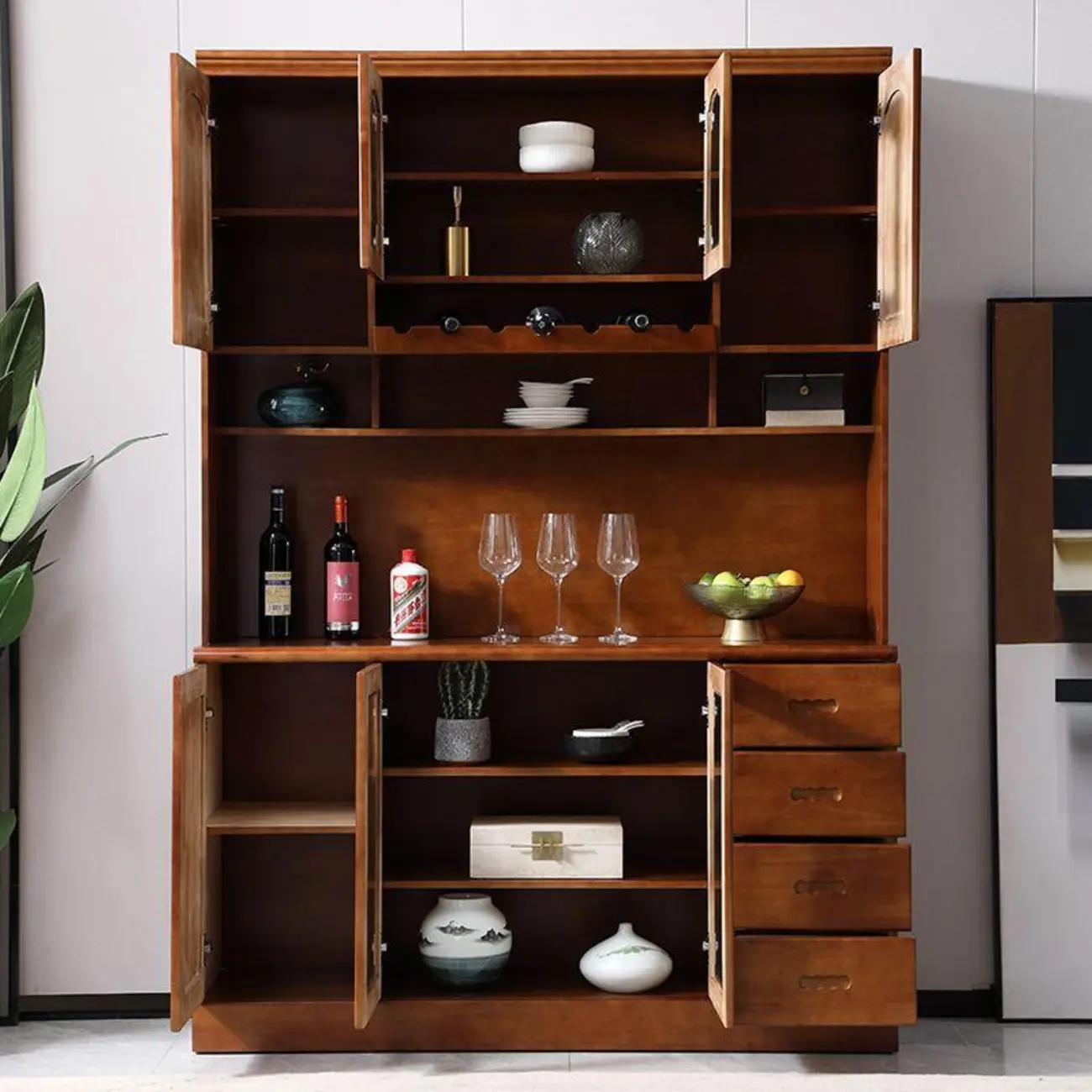 Kitchen Wooden White Cabinet Sideboard Built-in Wine Rack Image - 10 | homeyfad