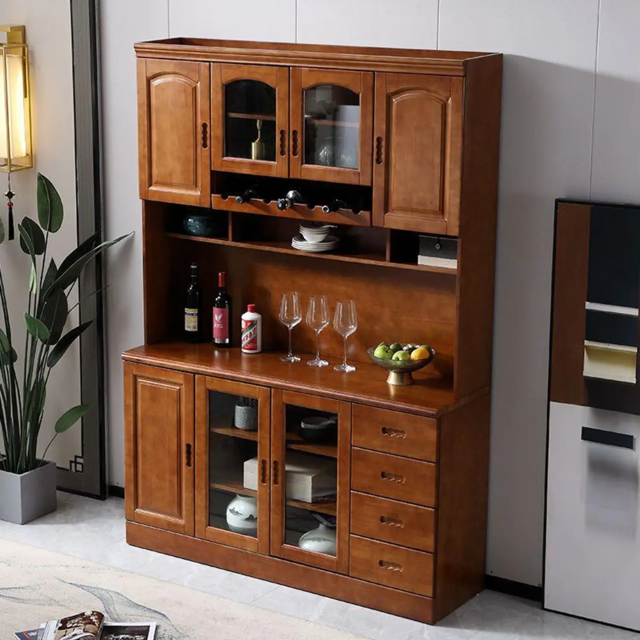 Kitchen Wooden White Cabinet Sideboard Built-in Wine Rack Image - 9 | homeyfad