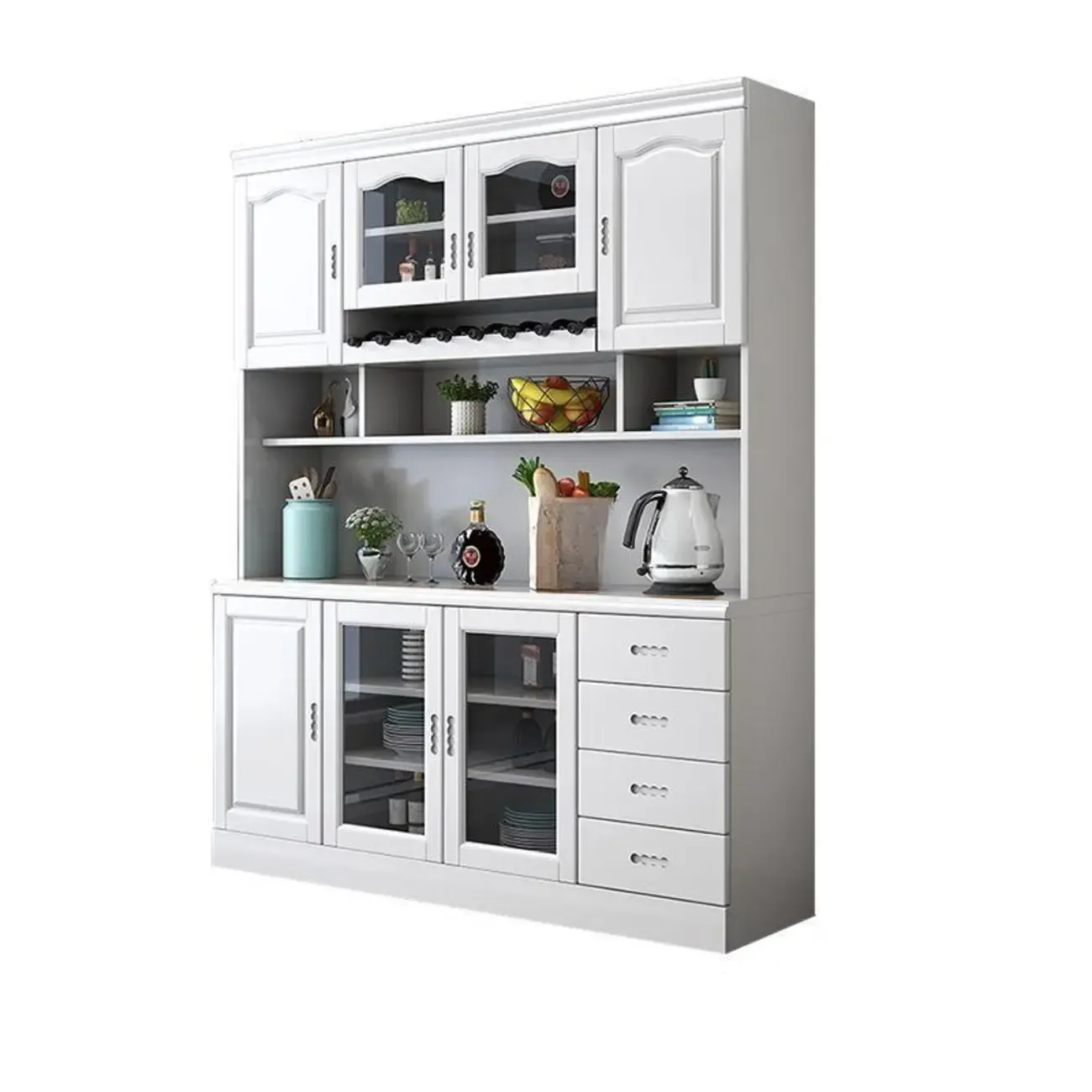 Kitchen Wooden White Cabinet Sideboard Built-in Wine Rack Image - 17