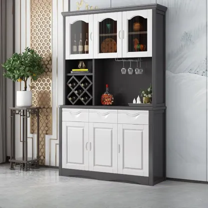 Kitchen Wooden White Cabinet Sideboard Built-in Wine Rack Image - 2