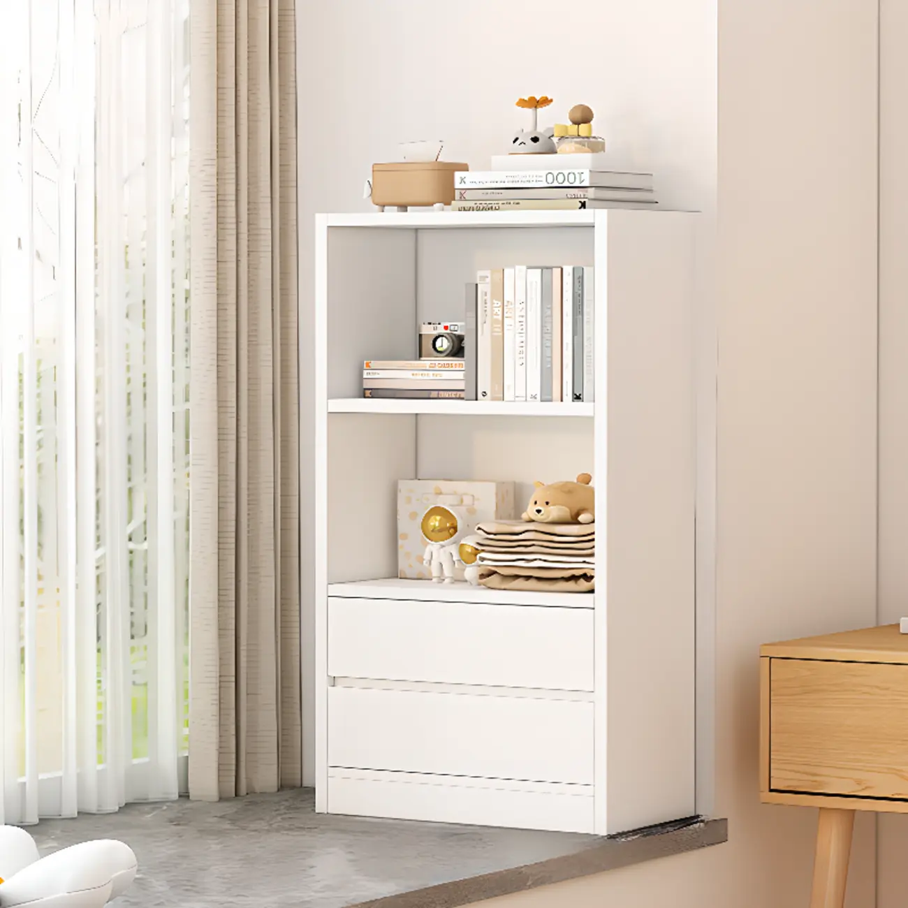 Simple Wooden White 3-Tier Bookcase with Drawers Image - 3 | homeyfad