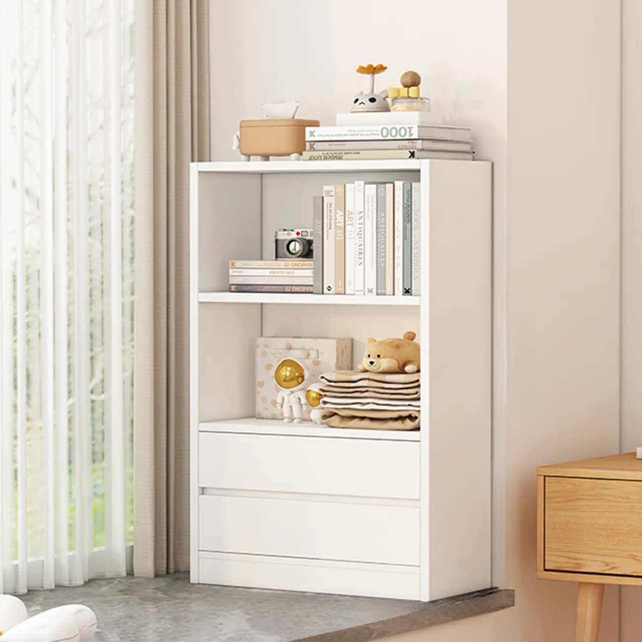 Simple Wooden White 3-Tier Bookcase with Drawers Image - 4 | homeyfad