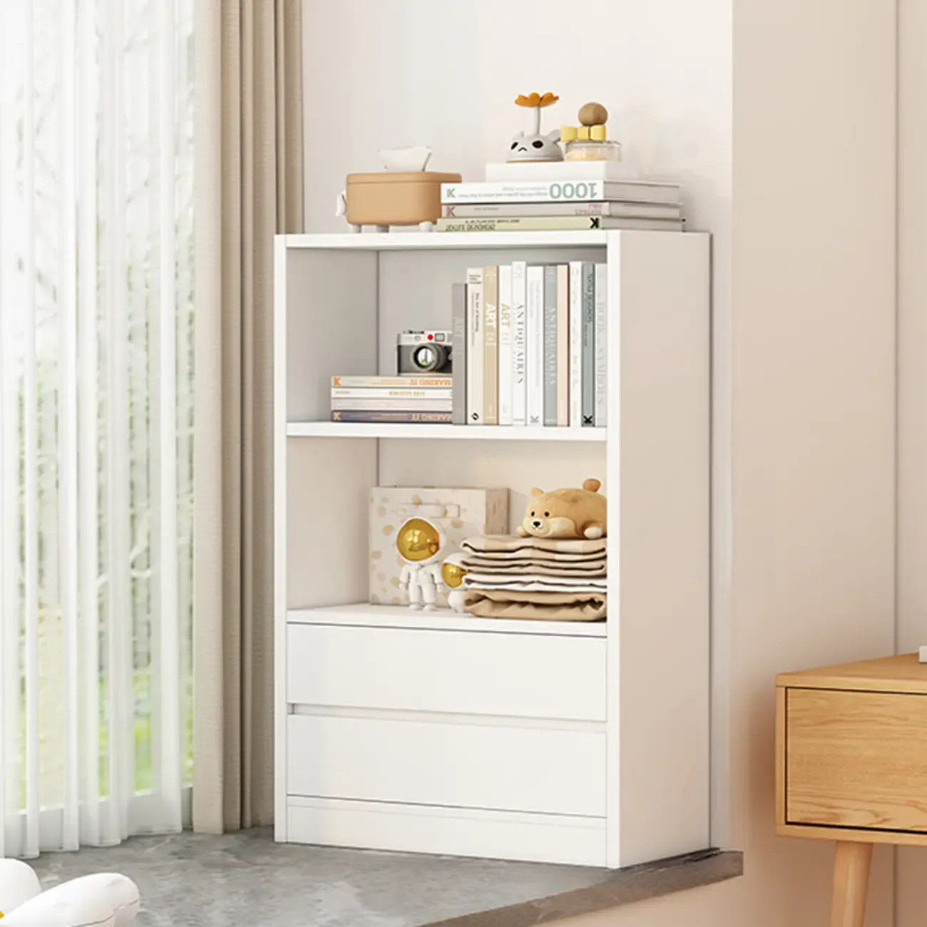 Simple Wooden White 3-Tier Bookcase with Drawers Image - 4