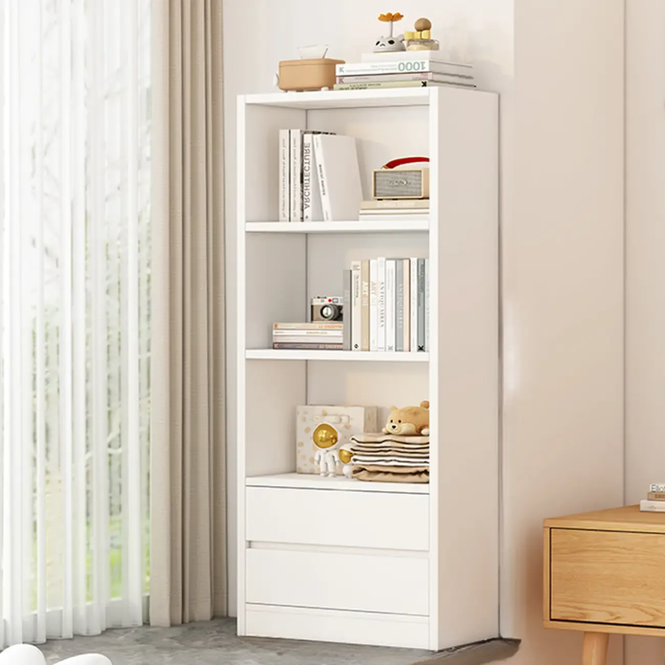 Simple Wooden White 3-Tier Bookcase with Drawers Image - 1