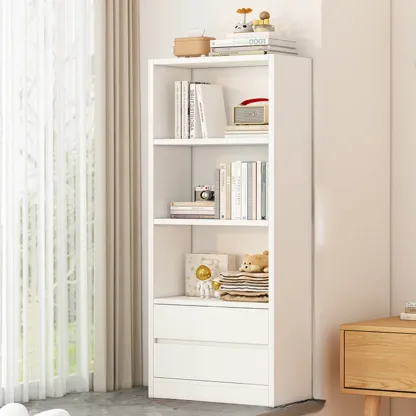 Simple Wooden White 3-Tier Bookcase with Drawers Image - 1