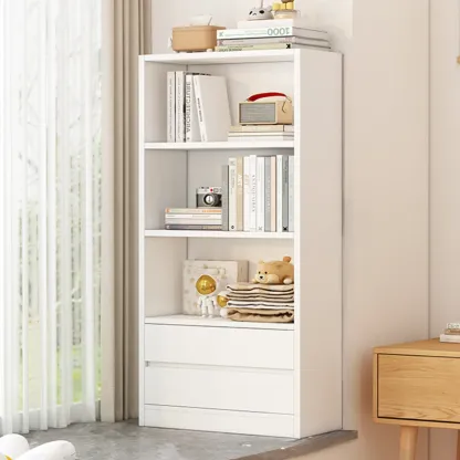 Simple Wooden White 3-Tier Bookcase with Drawers Image - 6
