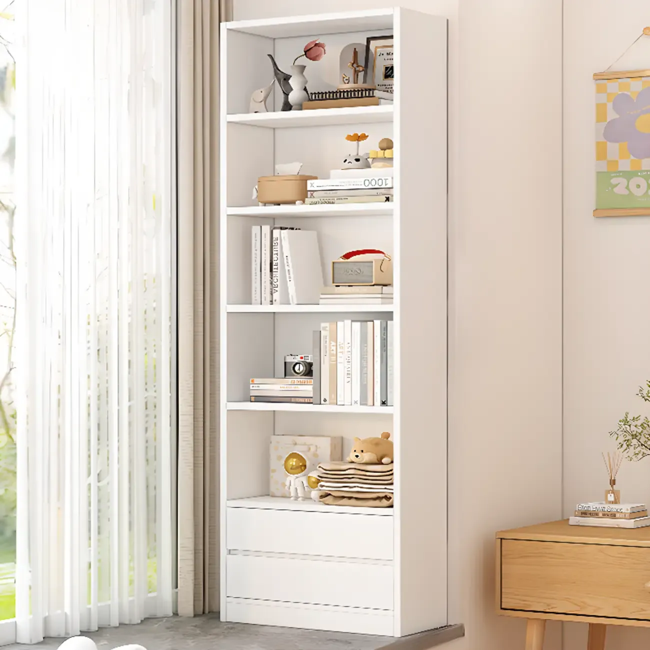 Simple Wooden White 3-Tier Bookcase with Drawers Image - 2
