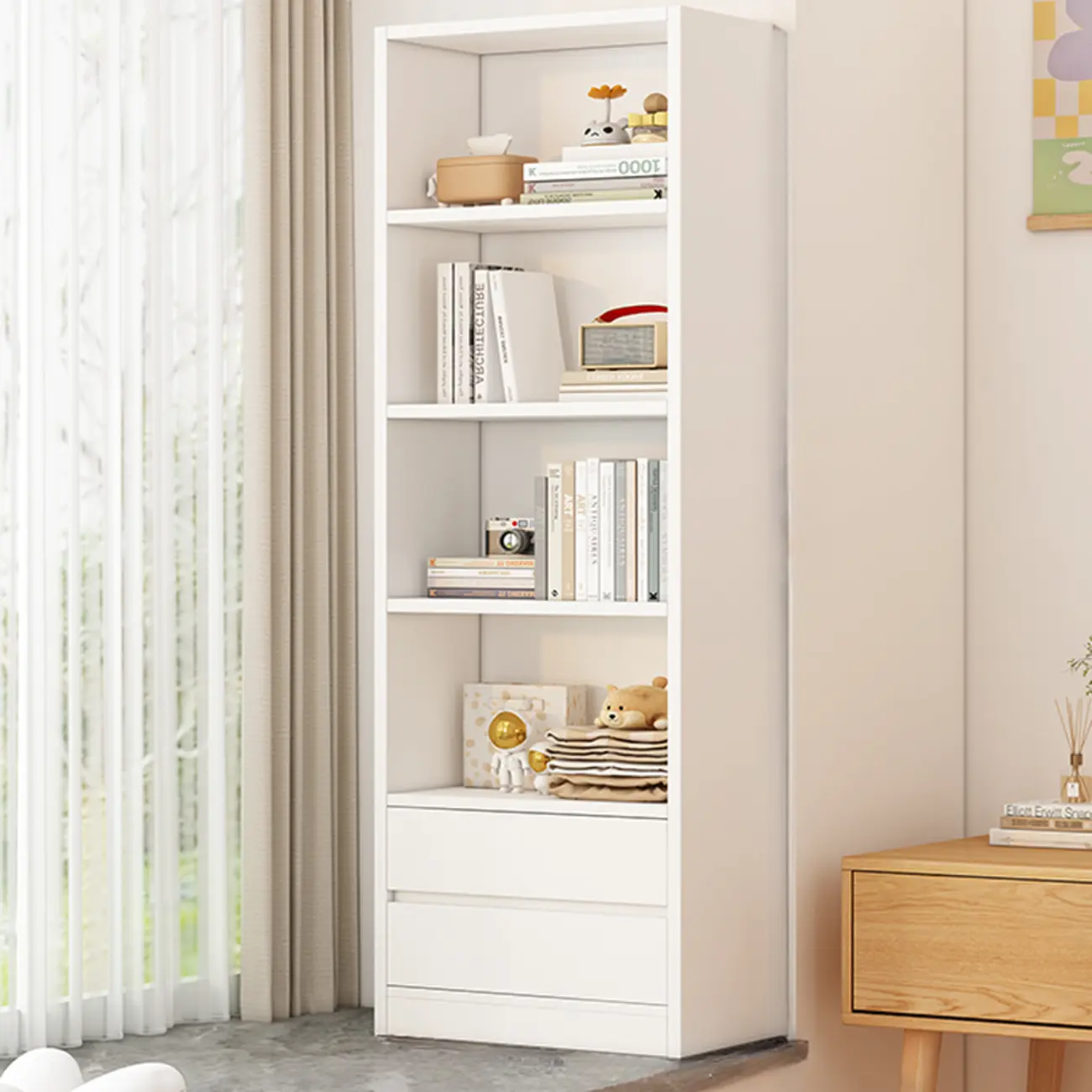 Simple Wooden White 3-Tier Bookcase with Drawers Image - 9 | homeyfad