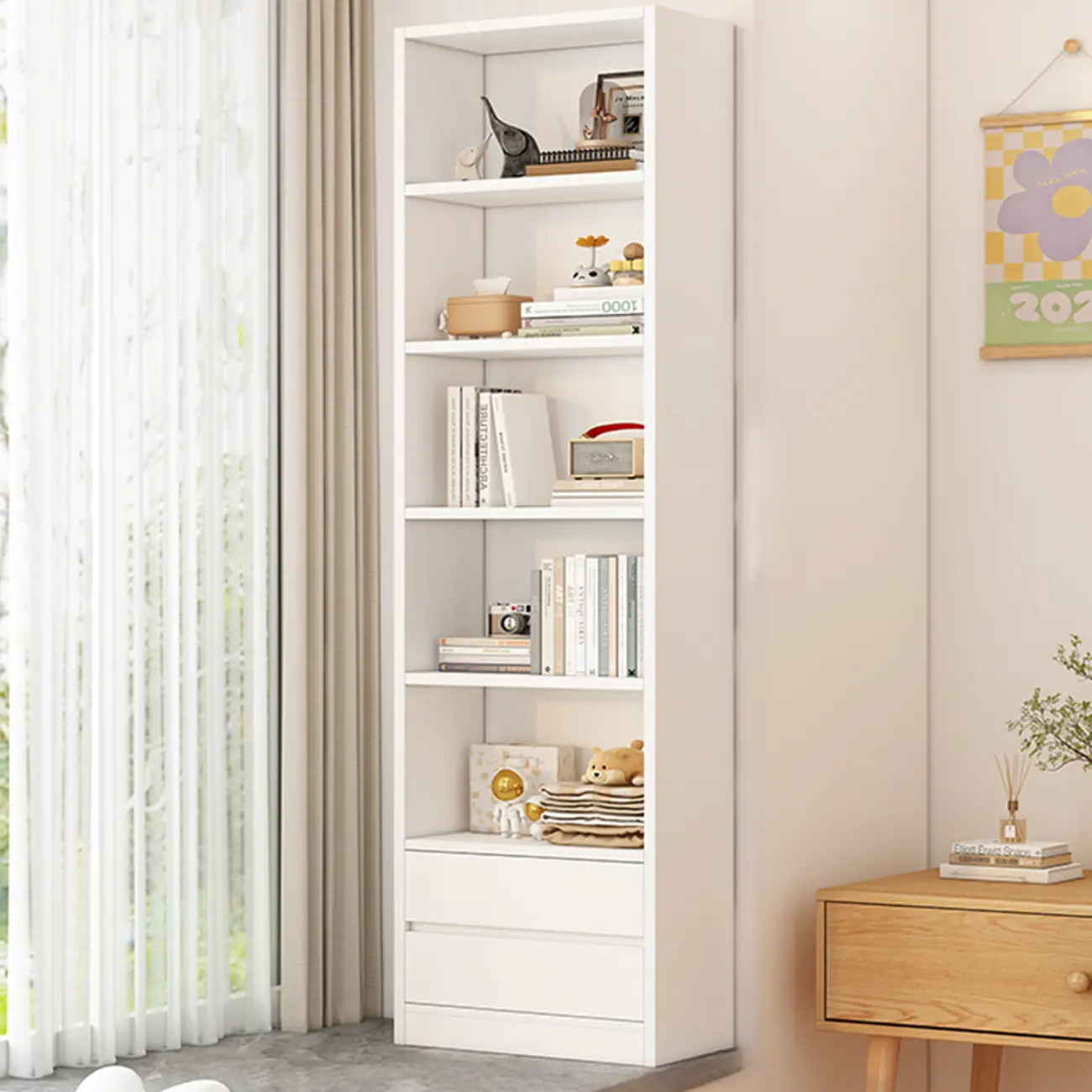 Simple Wooden White 3-Tier Bookcase with Drawers Image - 11 | homeyfad