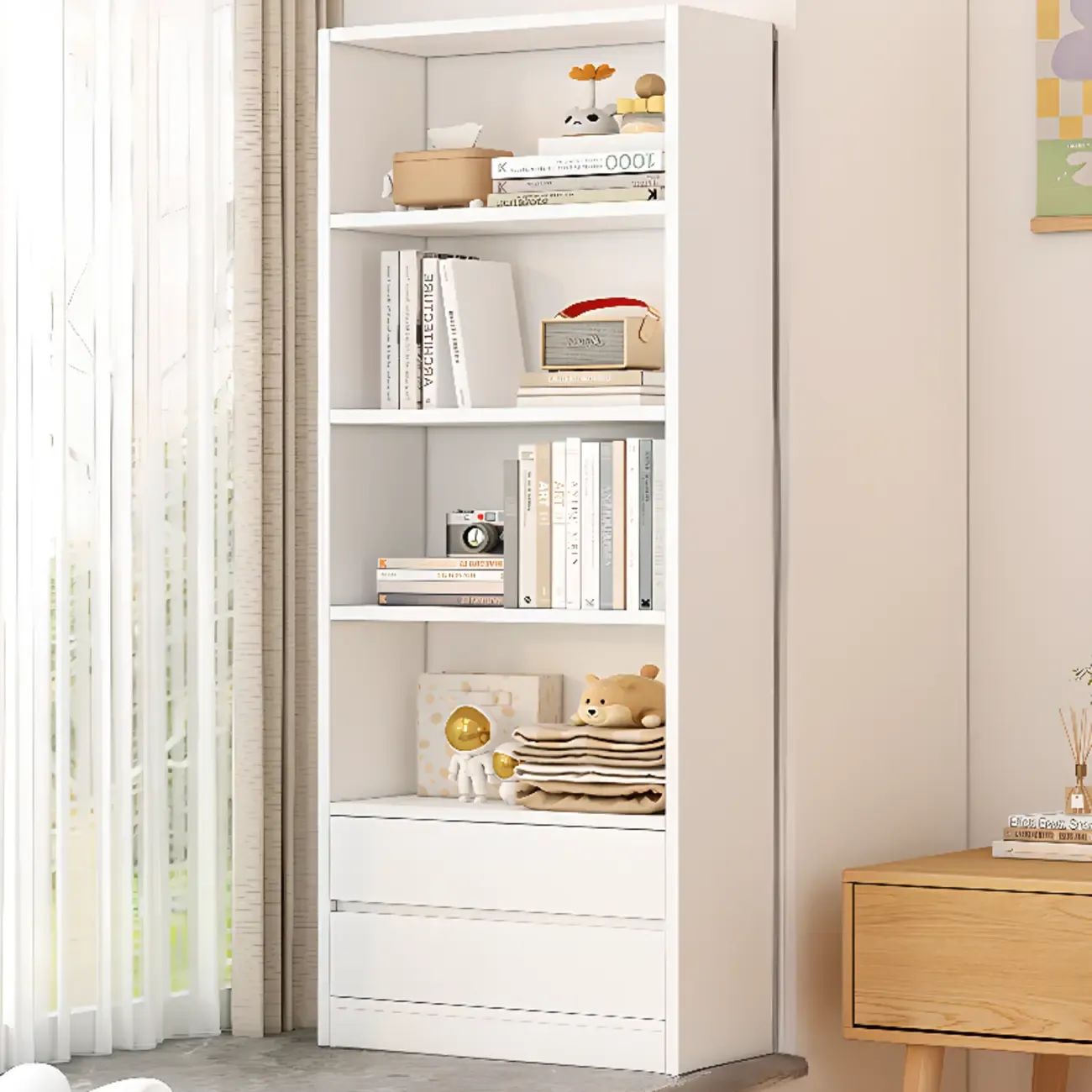 Simple Wooden White 3-Tier Bookcase with Drawers Image - 13